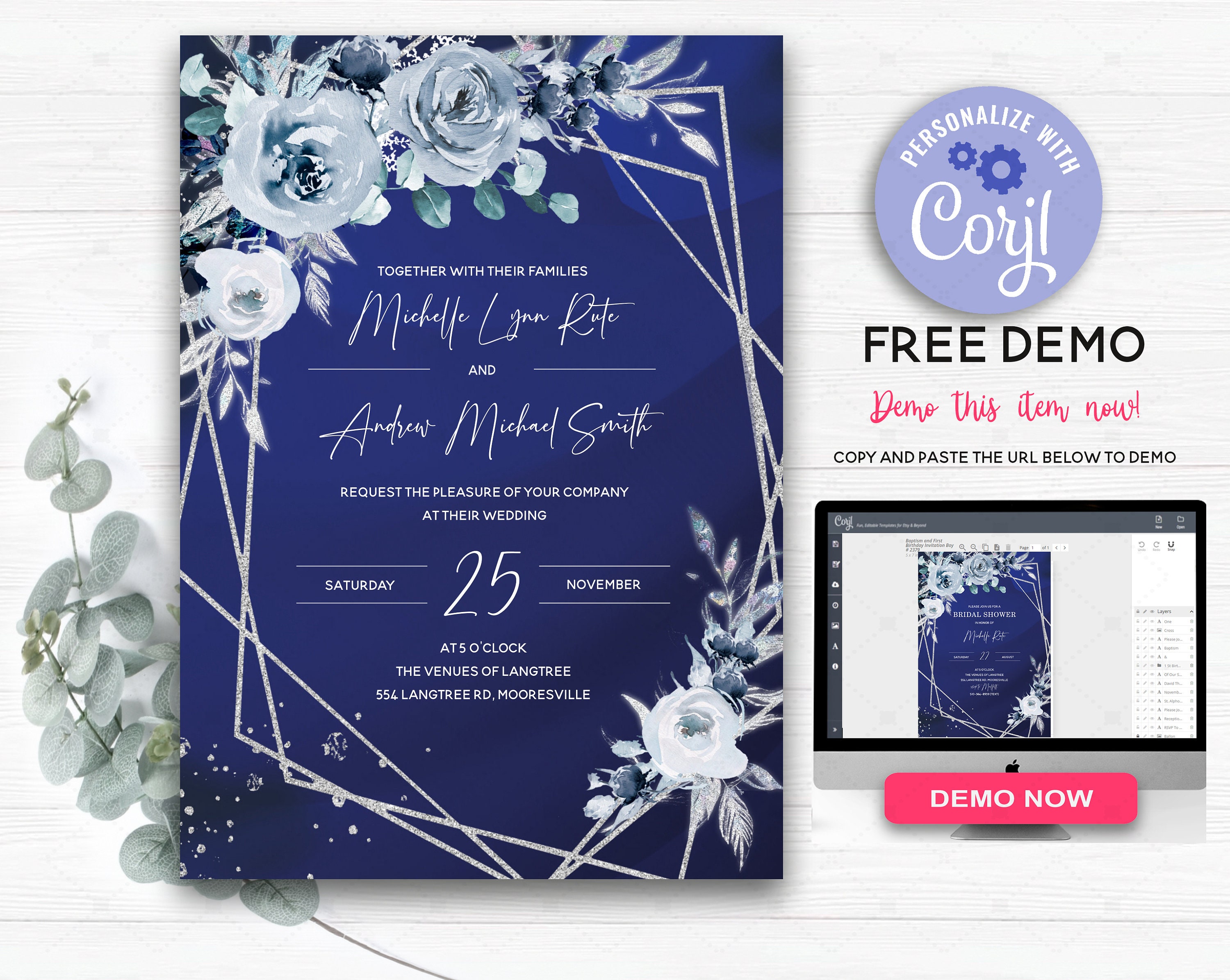 Royal Blue Wedding Invitation Template, Blue and White Wedding