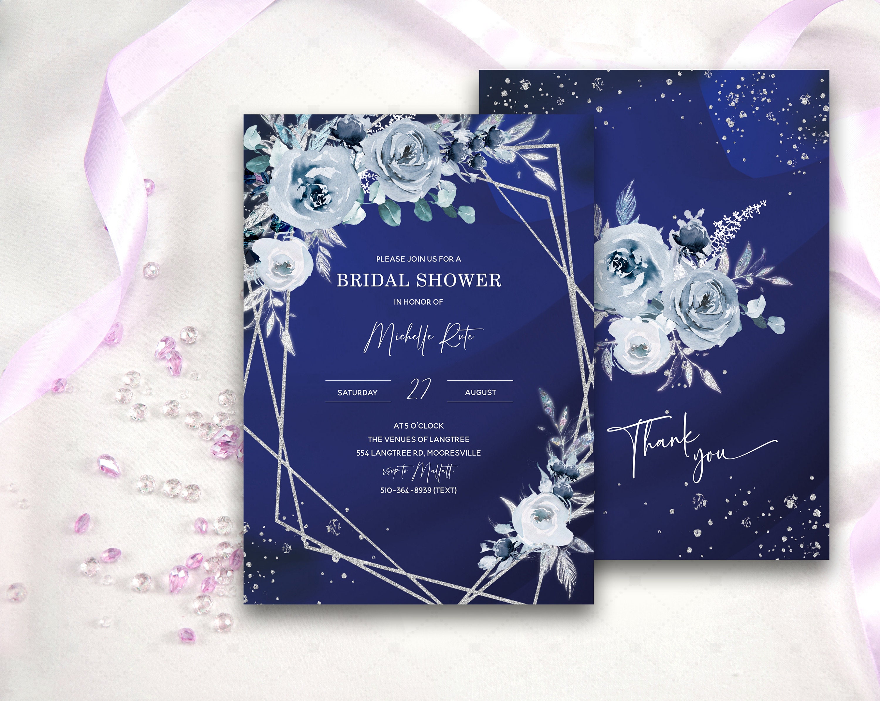 Royal Blue Bridal Shower Invitation Template, Blue and White Bridal