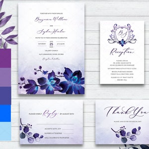 Blue Orchid Wedding Invitations, Blue and Purple Wedding Invitations, Purple Blue Orchid Wedding Set, Wedding Invitation With Orchid