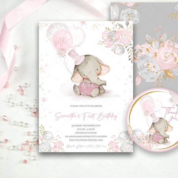 Grey and Pink Elephant First Birthday Invitation, Blush Pink 1st Birthday Invite, Elephant Girls Birthday Ideas, Elephant Birthday Any Age