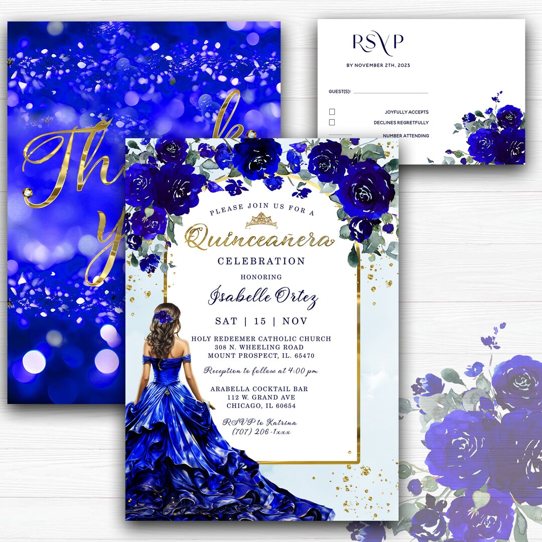 Quinceañera Invitations Royal Blue and Gold, Editable Themes Royal Blue