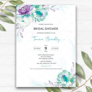 Purple and Turquoise, Purple and Turquoise Bridal Shower invitations template, Purple Bridal Shower, Purple and turquoise Invitation ideas