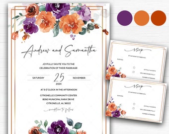 Purple and Burnt Orange Wedding Colors, Burnt Orange And Purple Wedding Ideas, Dark Purple And Orange Template Invitation, Purple and Orange