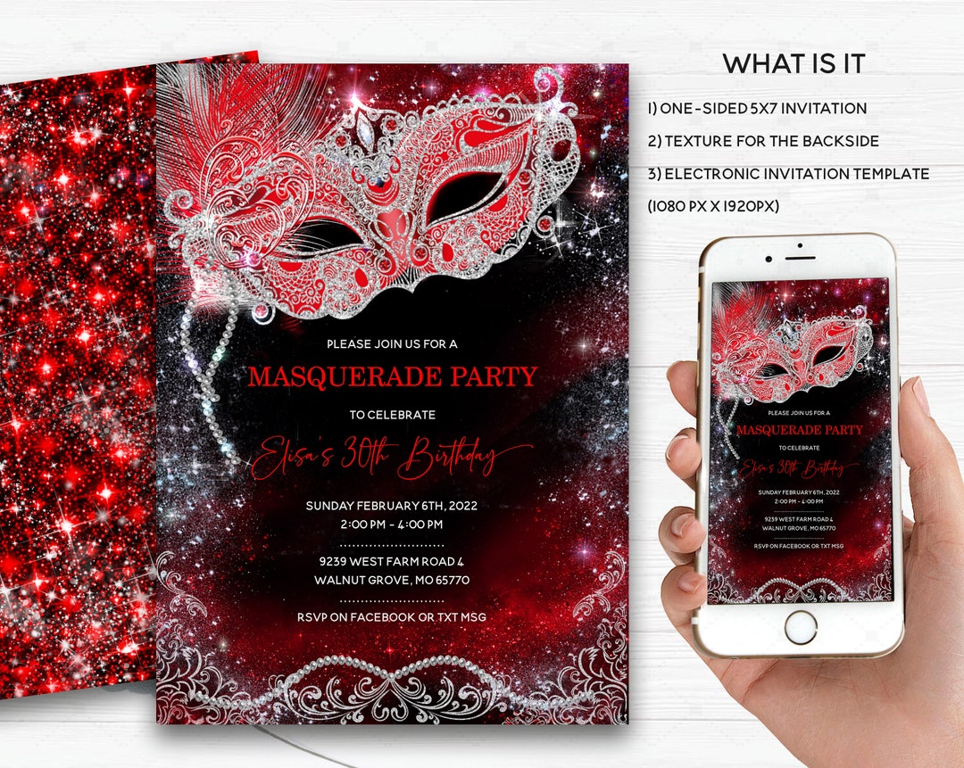 Black Red Silver Masquerade Invitation, Editable Themes for Masquerade ...