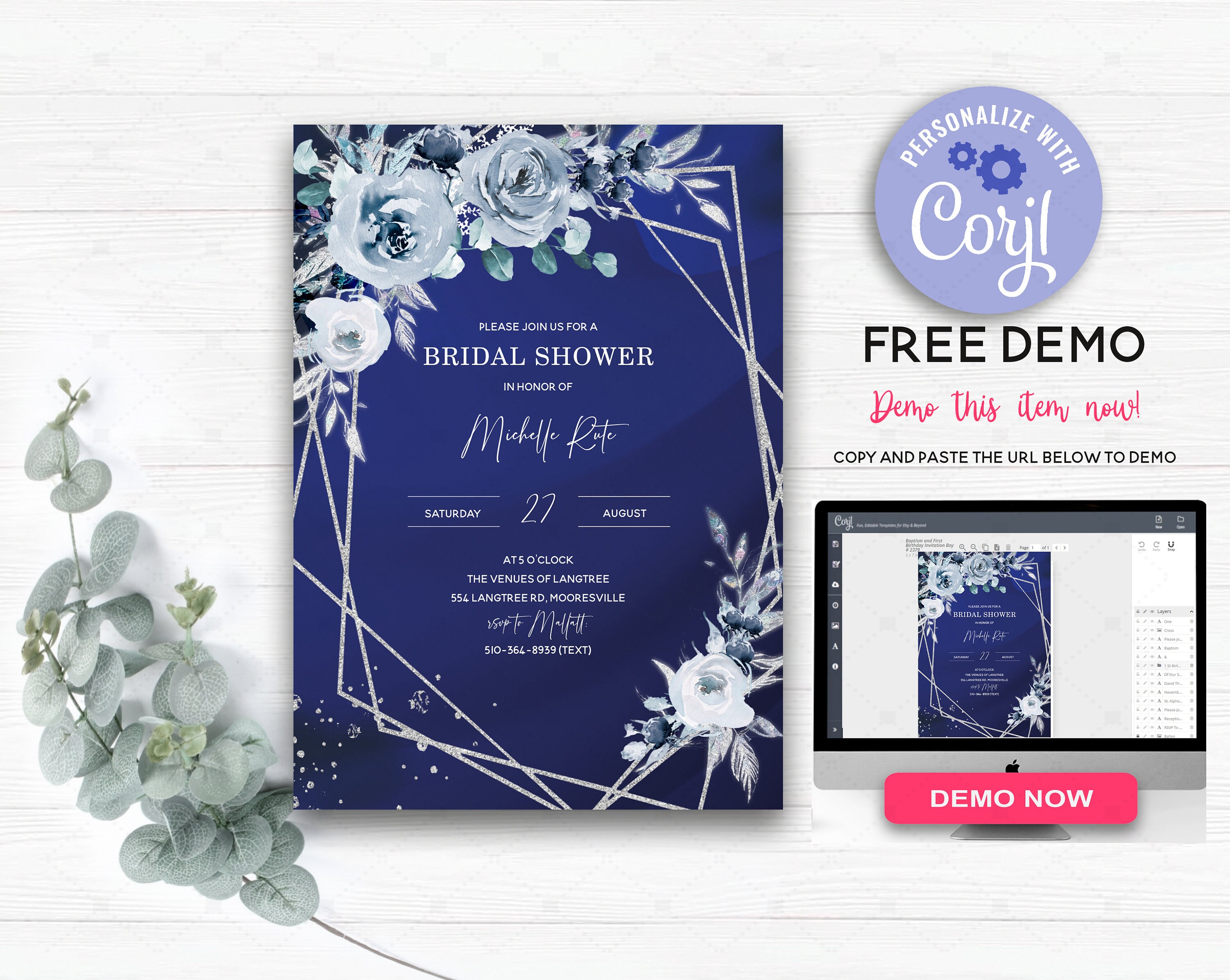 Royal Blue Bridal Shower Invitation Template, Blue and White Bridal