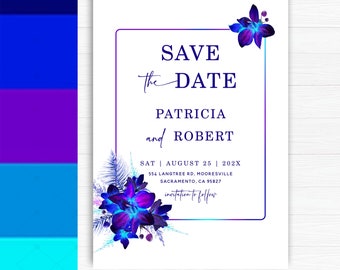 Blue Orchid Wedding Save The Date Template, Save The Date Blue and Purple, Editable Save The Date Purple Blue Orchid Printable