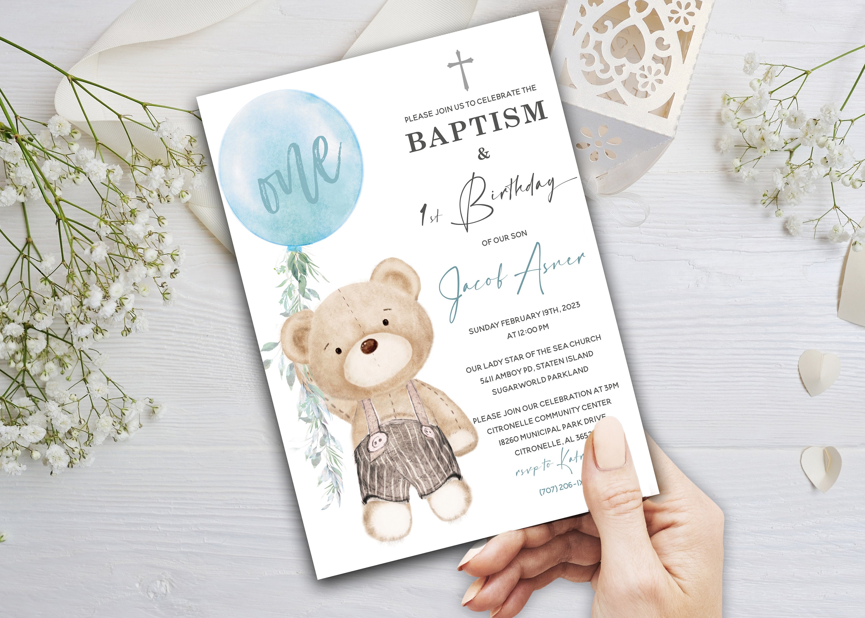 Baptism and First Birthday Invitation Boy, Editable Baby Boy First Birthday and Baptism