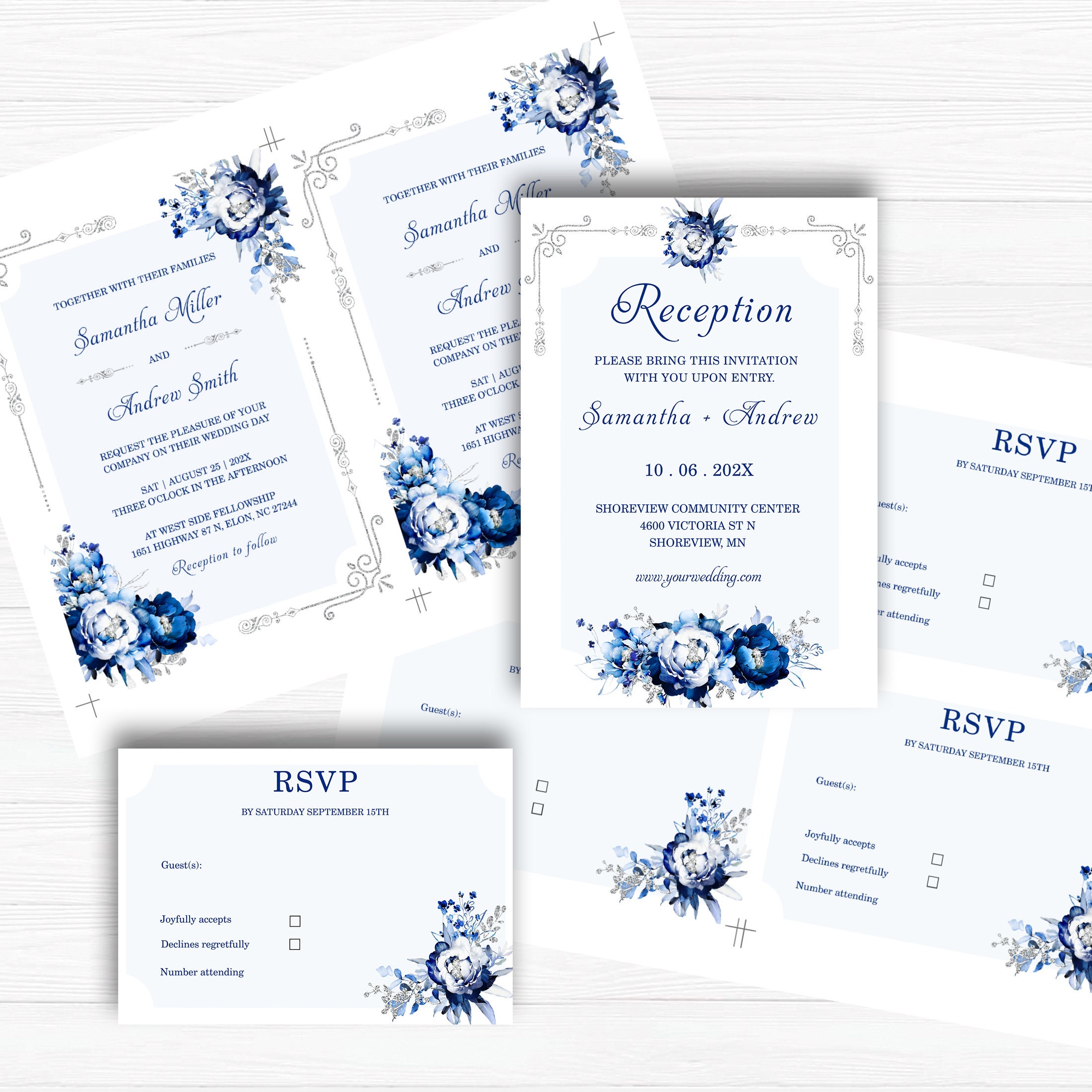 Royal Blue Silver Wedding Invitation Template, Blue and White Wedding