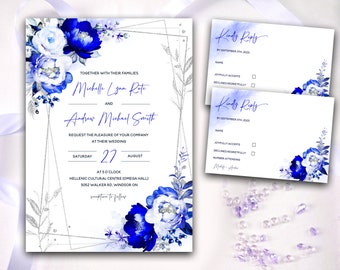 Modèle d'invitation de mariage bleu royal, modèle d'invitation de mariage bleu et blanc, modèles d'invitation de mariage bleu royal et argent