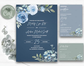Sage Green and Dusty Blue Wedding Invitation Template, Blue and Green Wedding Invitation Template, Blue  Silver Wedding Invitation template