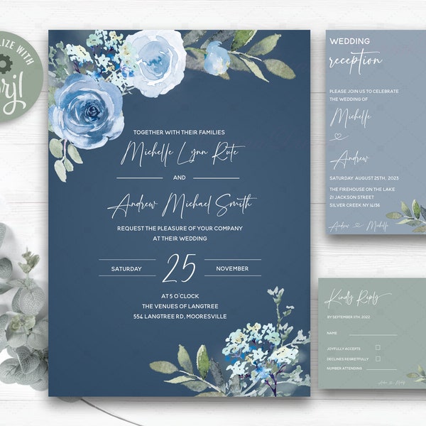 Sage Green and Dusty Blue Wedding Invitation Template, Blue and Green Wedding Invitation Template, Blue  Silver Wedding Invitation template