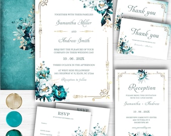 Editable Teal and Gold Wedding Invitation Set,  Printable Aqua and Gold Wedding Template, Wedding Turquoise Gold Ideas, Teal Gold Invitation
