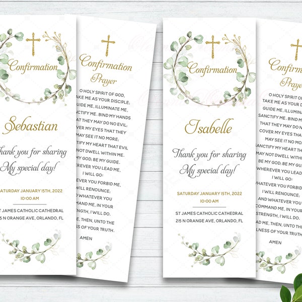 Confirmation Prayer Card, Confirmation Invitations for Boys, Girls, Confirmation Bookmarks, Confirmation Favor, Personalized Prayer Bookmark
