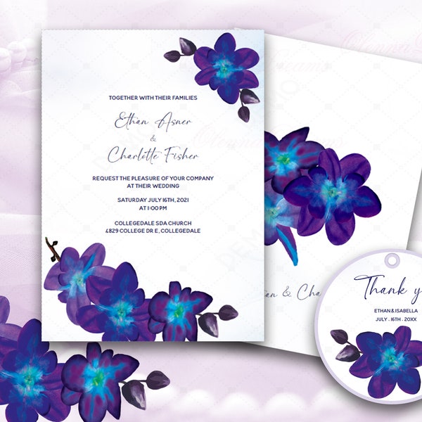 Blue Orchid Wedding Invitations, Purple Turquoise Wedding Invitations check, Purple Turquoise Blue Orchid Wedding Invitation, Blue Orchid