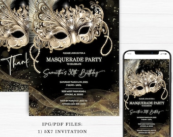 Black Gold Masquerade Party Invite, Editable Themes for Masquerade Party, Birthday Masquerade Party, Masquerade Ball Invite Template