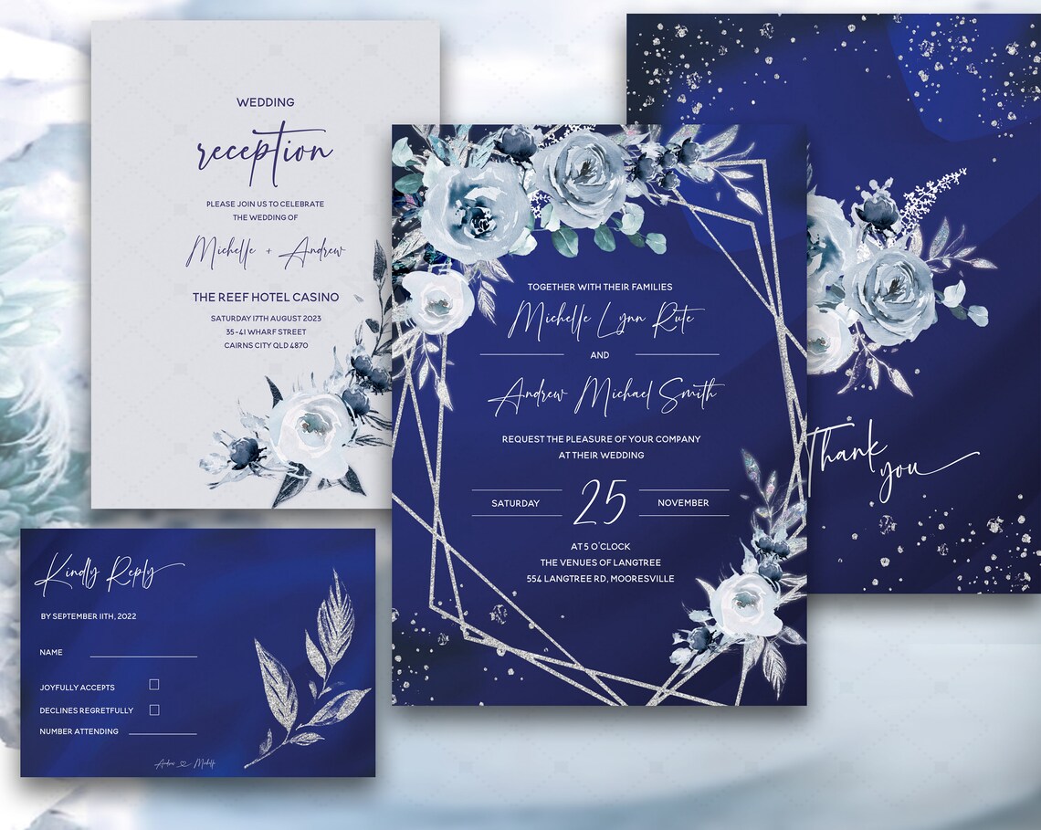 Royal Blue Wedding Invitation Template Blue and White Wedding - Etsy