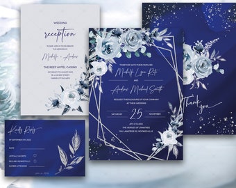Royal Blue Wedding Invitation Template, Blue and White Wedding Invitation Template, Royal Blue and Silver Wedding Invitation templates