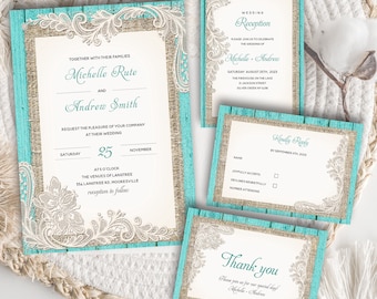 Rustic Turquoise Wedding Invitations, Teal Wedding Set, Rustic Teal Wedding Invite sets, Vintage Turquoise Wedding, Custom turquoise wedding