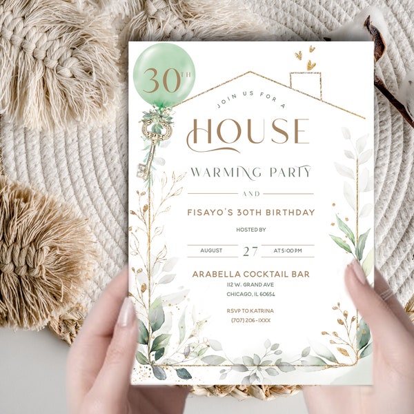 Housewarming and Birthday Invite, Greenery Gold Home Sweet Home Invite, Editable Rustic Housewarming Birthday, Printable Birthday New home