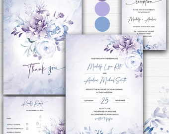 Light Blue and Lavender Wedding Invite, Rustic Light Blue and Purple Wedding, Elegant Lavender and Blue Wedding, Editable Blue and Lavender