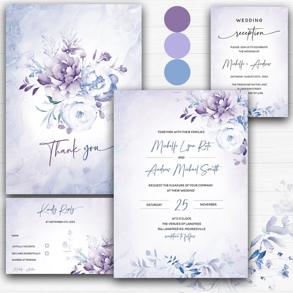 Light Blue and Lavender Wedding Invite, Rustic Light Blue and Purple Wedding, Elegant Lavender and Blue Wedding, Editable Blue and Lavender