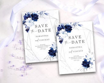Royal Blue Save the Date Template, Blue and White Save the Date  Template, Royal Blue and Silver Save the Date  Invitation templates
