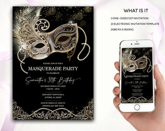 Thèmes modifiables pour une fête de mascarade, une fête de mascarade d'anniversaire, un modèle d'invitation à un bal masqué, une invitation à une fête de mascarade, tout âge