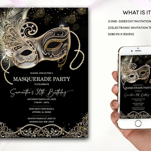 Editable Themes for Masquerade Party, Birthday Masquerade Party, Masquerade Ball Invitation Template, Masquerade Party Invitation, Any Age