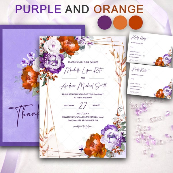 Purple and Burnt Orange Wedding Invite, Burnt Orange And Purple Wedding Ideas, Dark Purple And Orange Template Invitation, Purple and Orange