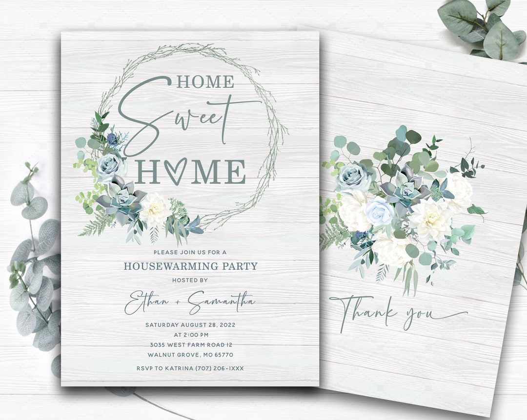 Housewarming Invitation, Greenery Gold Home Sweet Home Invite, Editable ...