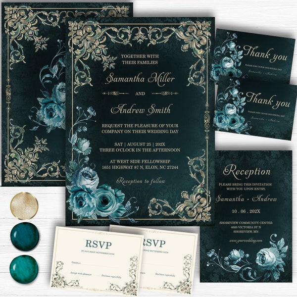 Vintage Emerald Green and Gold Wedding Invitation Set,  Printable Emerald Wedding Template, Wedding Emerald Gold Ideas,  Emerald Green Gold