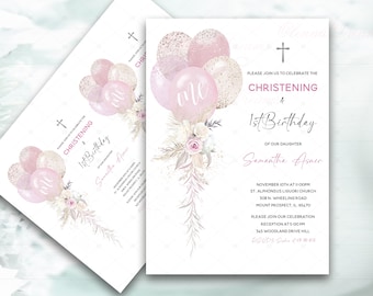 Christening and First Birthday Invitation Girl, Girl First Birthday and Christening Invitation, Pink Balloons Christening and 1st birthday