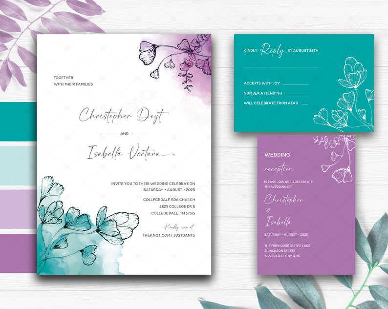 Purple and Teal Wedding Invitations, Purple and Turquoise, Purple and