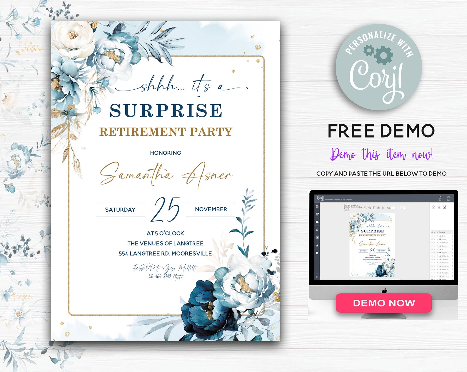 Surprise Retirement Invitation Navy Blue, Editable Retirement Party ...