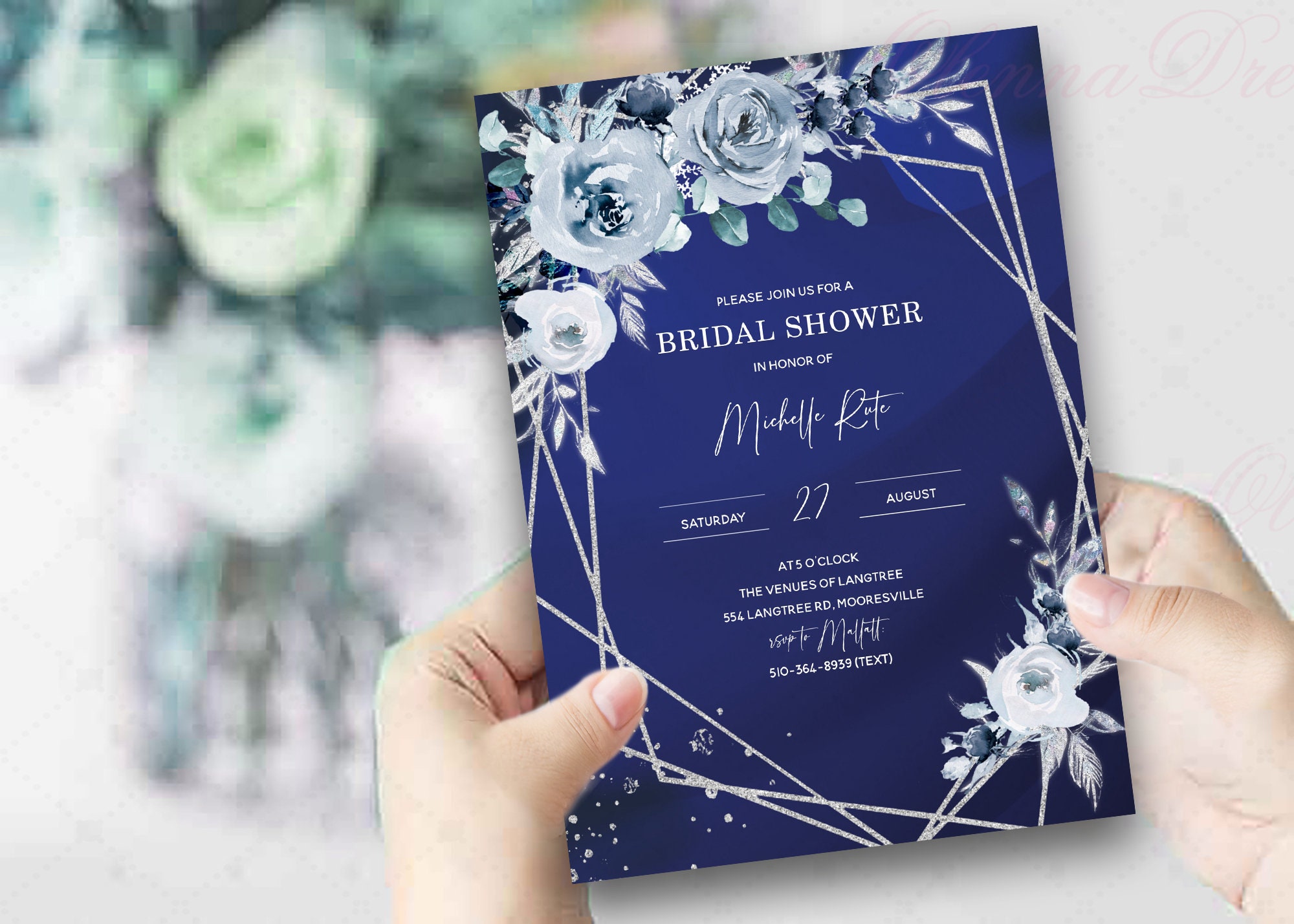 Royal Blue Bridal Shower Invitation Template, Blue and White Bridal