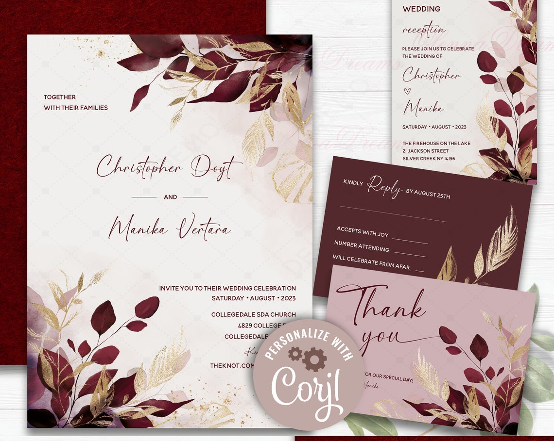 Gold and Burgundy Wedding Invitations Burgundy Wedding image 1