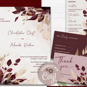 Gold and Burgundy Wedding Invitations, Burgundy Wedding Invitation Template, Maroon and Blush invitation Suite, Marsala Blush Invitation image 1