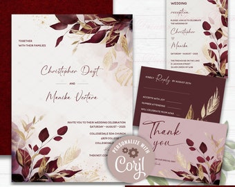 Gold and Burgundy Wedding Invitations, Burgundy Wedding Invitation Template, Maroon and Blush invitation Suite, Marsala Blush Invitation