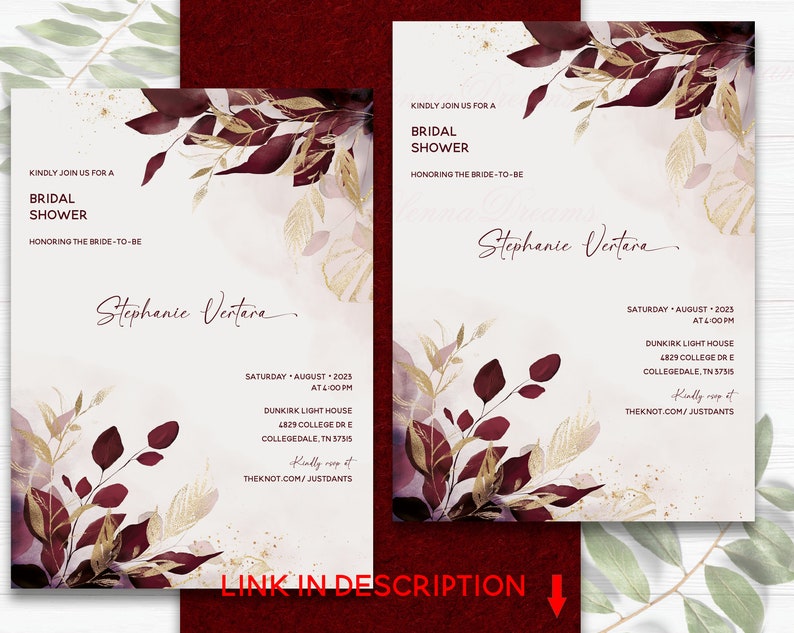 Gold and Burgundy Wedding Invitations, Burgundy Wedding Invitation Template, Maroon and Blush invitation Suite, Marsala Blush Invitation image 9