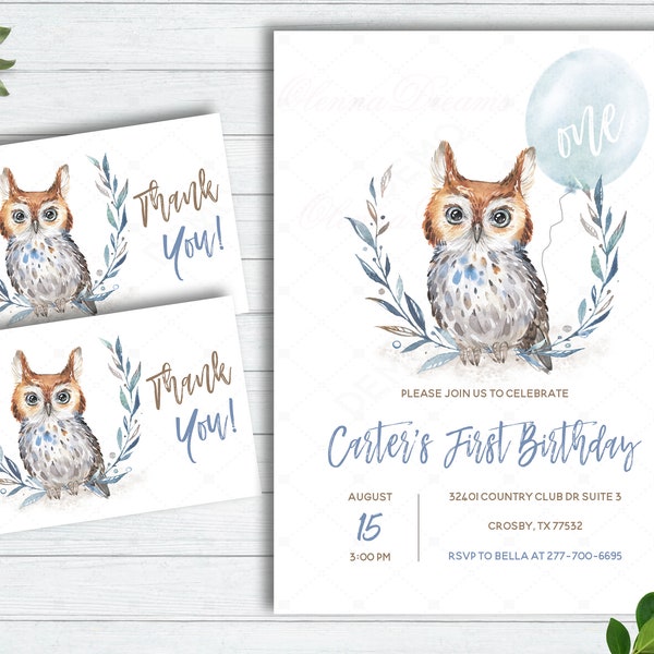 Owl Birthday Invitation, Printable Owl Invitation, Owl Boy/ Girl Birthday Invitation | 1st Owl Birthday Template, First Owl Printable Invite