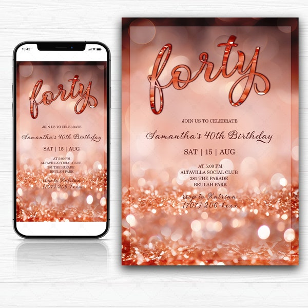 Editable Rose Gold Birthday Party, Birthday Party Template, Ideas for Surprise 40th Birthday, Themes Rose Gold Invitation Printable, Any Age