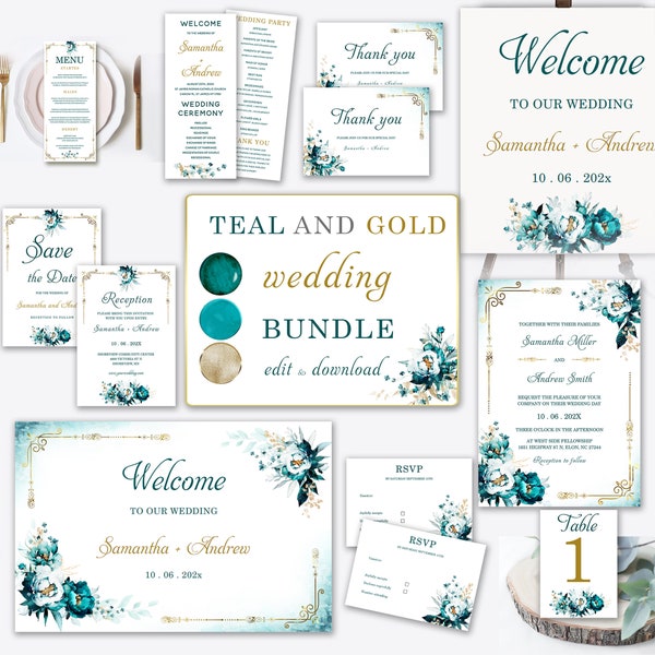 Editable Teal and Gold Wedding Bundle,  Printable Aqua and Gold Wedding Template, Wedding Turquoise Gold Ideas, Teal Gold Invitation