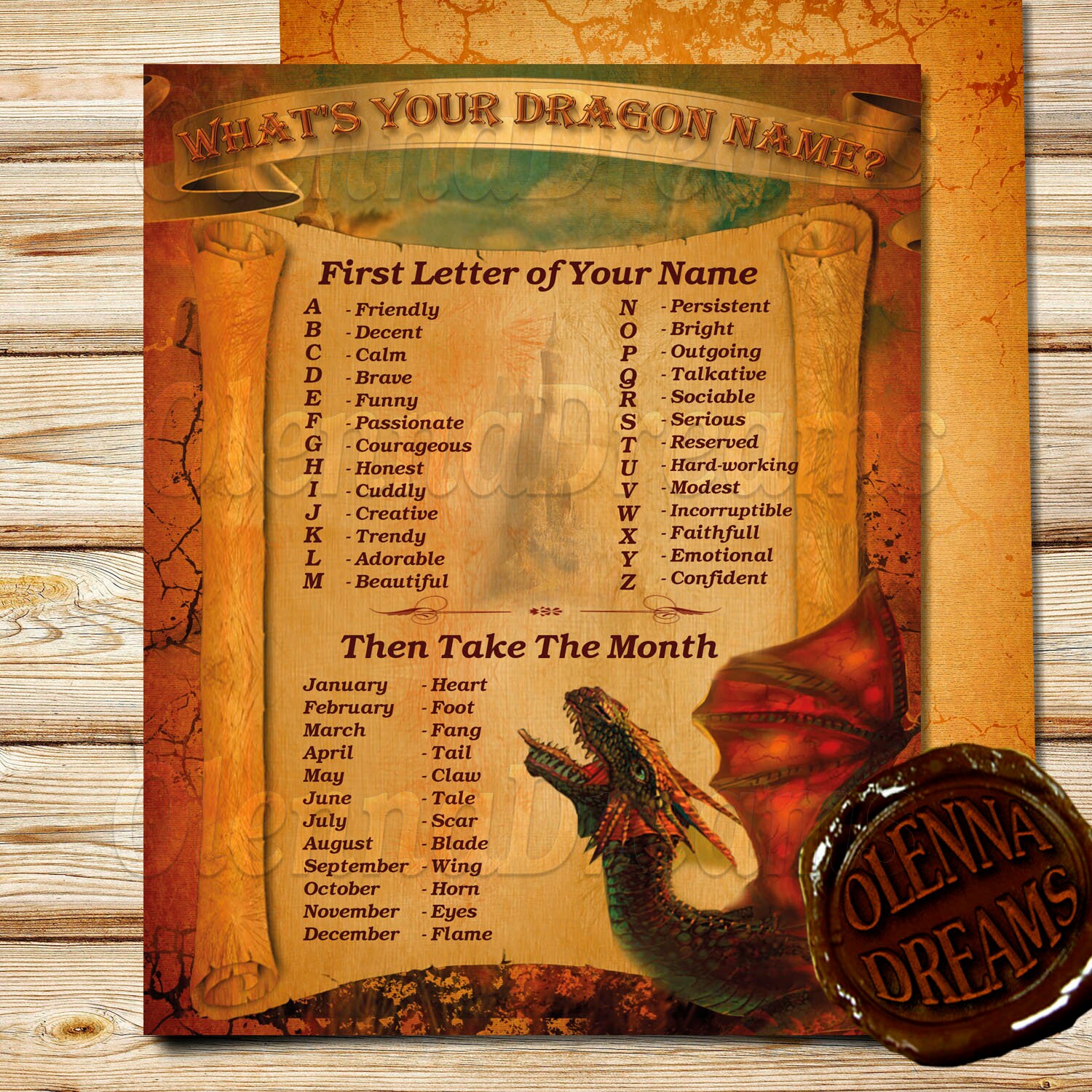 INSTANT DOWNLOAD Dragon Games What is Your Dragon Name What is Your