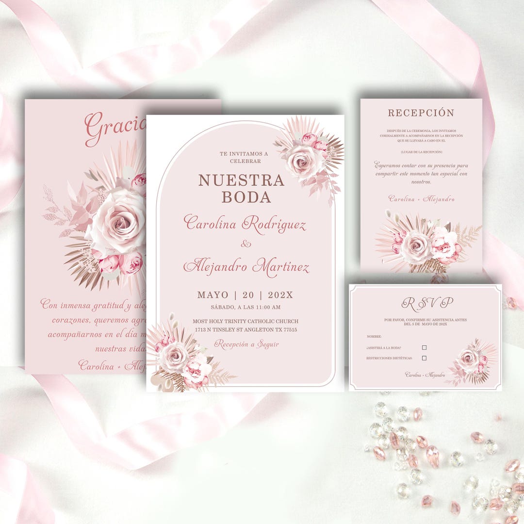 Invitación Conjunto De Boda Elegante Con Boho Flores En Español Invite