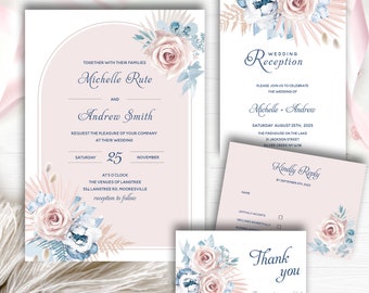 Dusty Blue and Blush Pink Wedding set, Unique Dusty Blue and Blush Pink Wedding, Editable Elegant Rustic Blue and Pink, Blue and Blush Pink