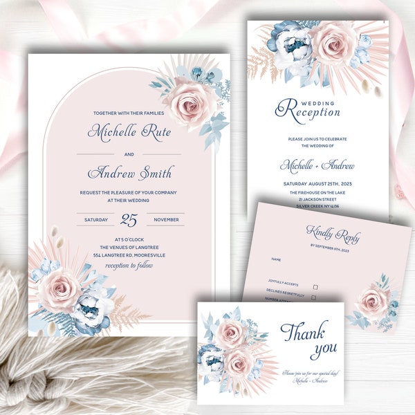Dusty Blue and Blush Pink Wedding set, Unique Dusty Blue and Blush Pink Wedding, Editable Elegant Rustic Blue and Pink, Blue and Blush Pink