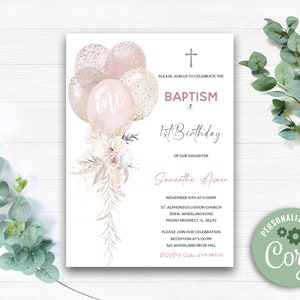 Editable Baptism and First Birthday Invitation Girl, Girl First Birthday and Baptism Invitation, Christening and 1st birthday invitation