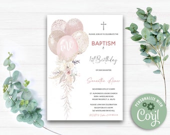 Editable Baptism and First Birthday Invitation Girl, Girl First Birthday and Baptism Invitation, Christening and 1st birthday invitation