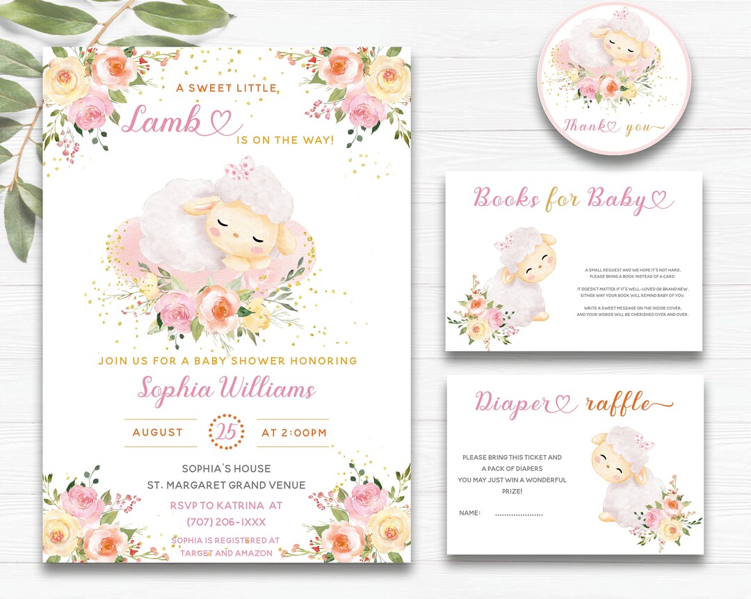 Lamb Invitations Baby Shower, Pink and Gold Baby Shower Invitations