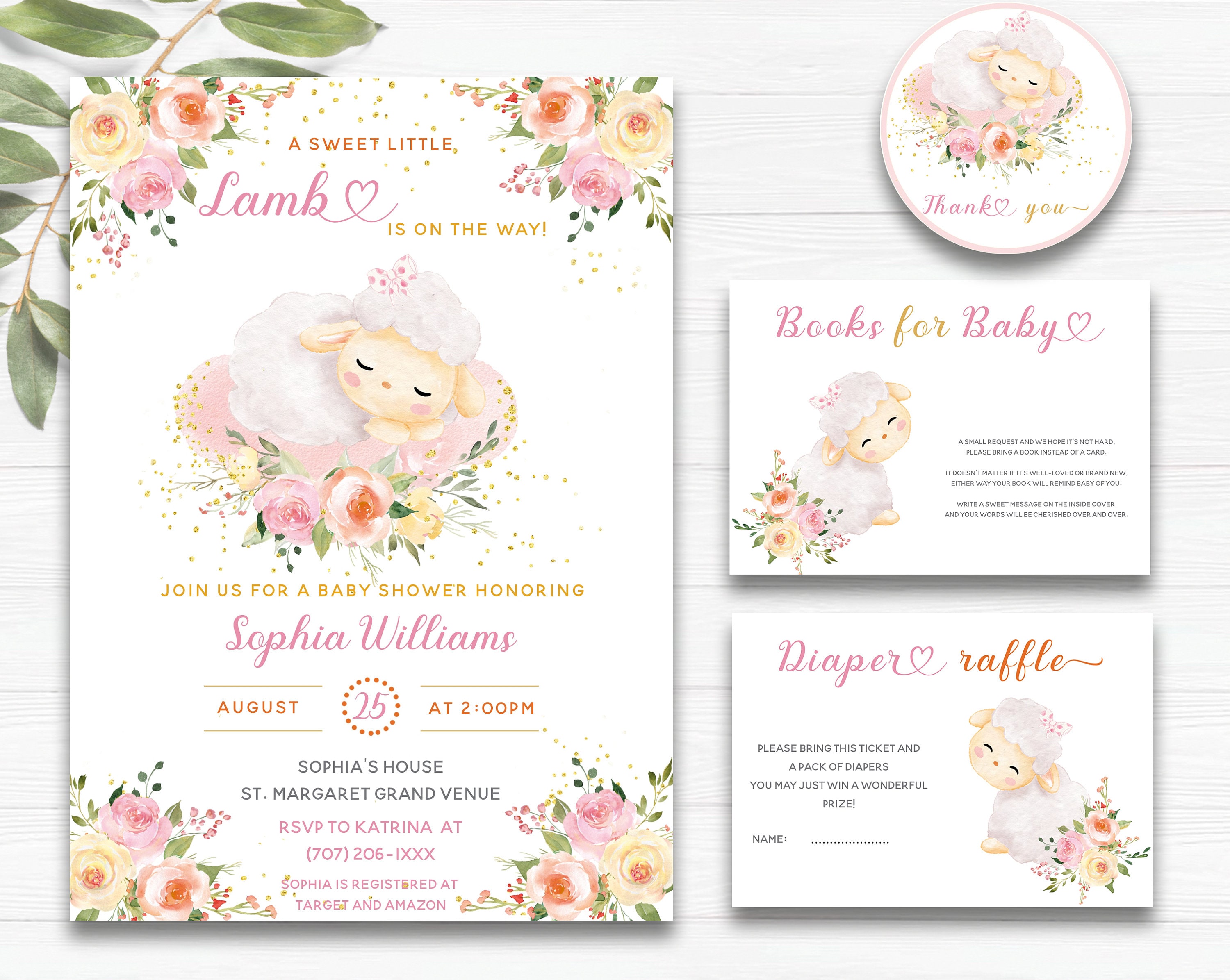 Lamb Invitations Baby Shower, Pink and Gold Baby Shower Invitations